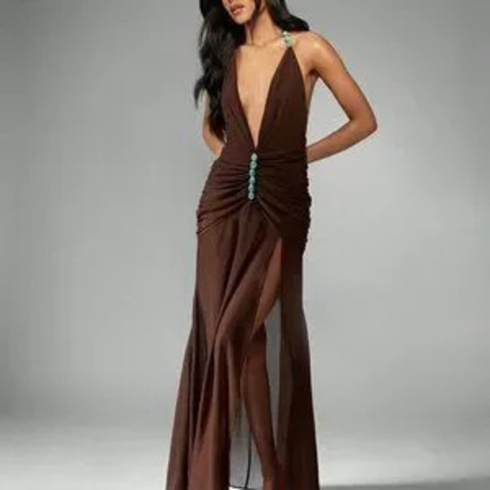 Brown Sexy Women's Plunge Neck Ruched Chiffon Maxi Evening Gown